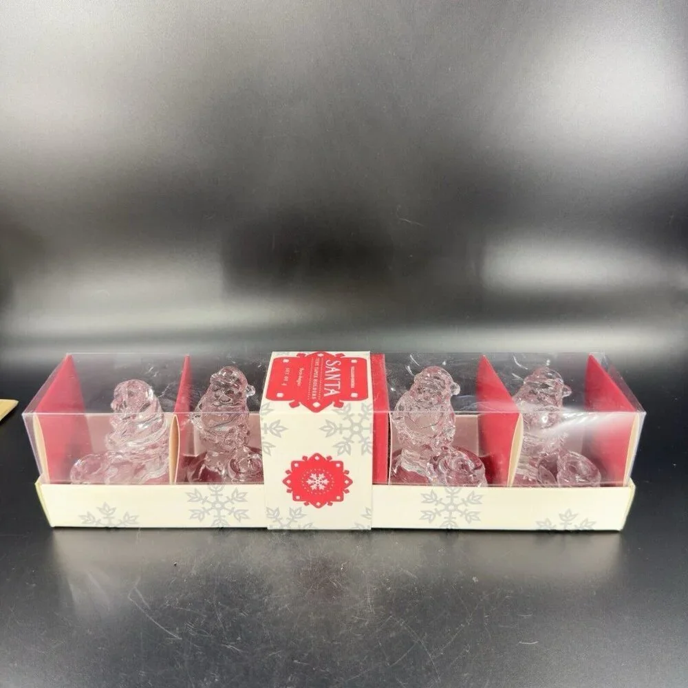 Williams Sonoma Clear‎ Glass Santa Taper Candle Holders Christmas New In Box